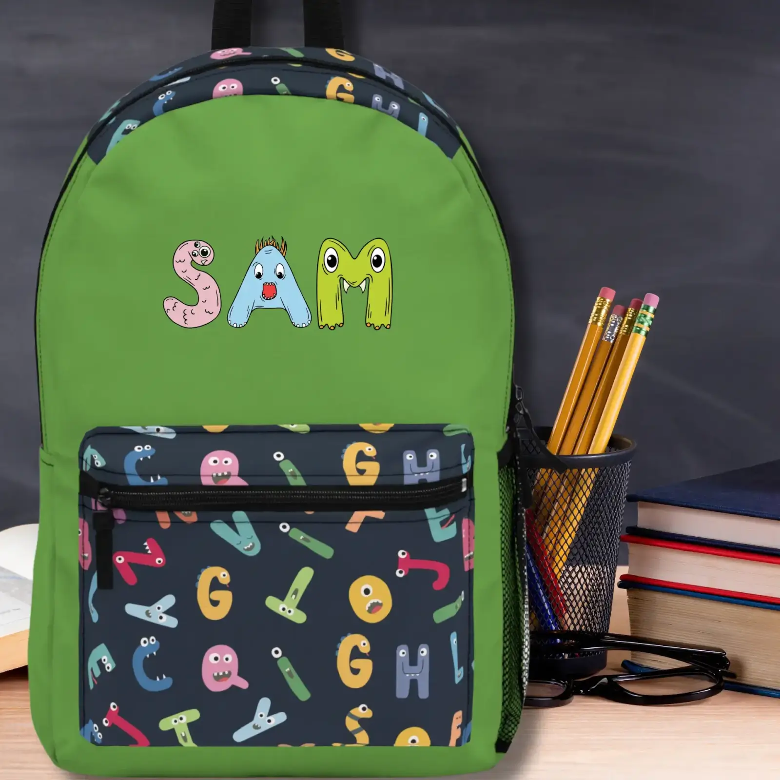 Green Alphabet monsters backpack