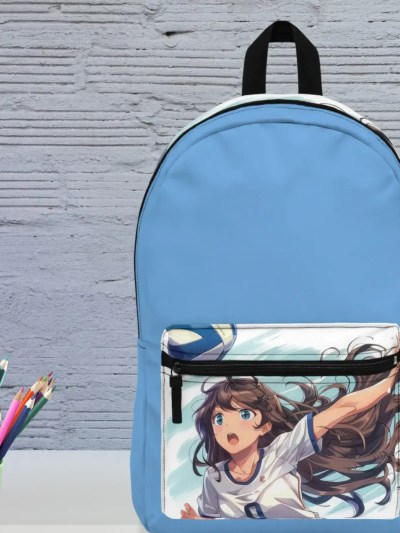 anime backpack is a graphically designed back in blue