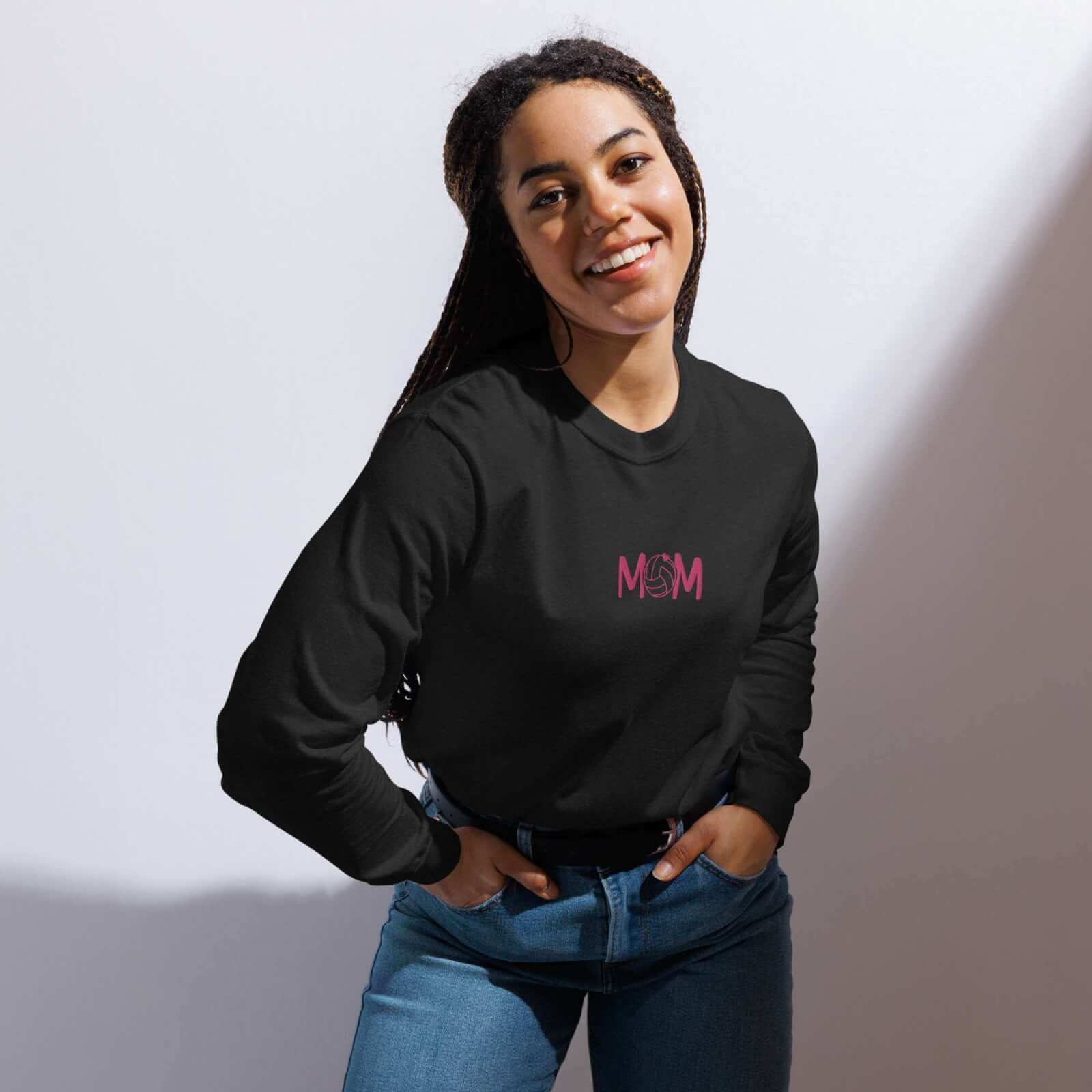 unisex-garment-dyed-heavyweight-long-sleeve-shirt-black-front-66cf9fc115d91jpg - On Trend Volleyball Co Minimalist Embroidered Volleyball Mom Sweatshirt