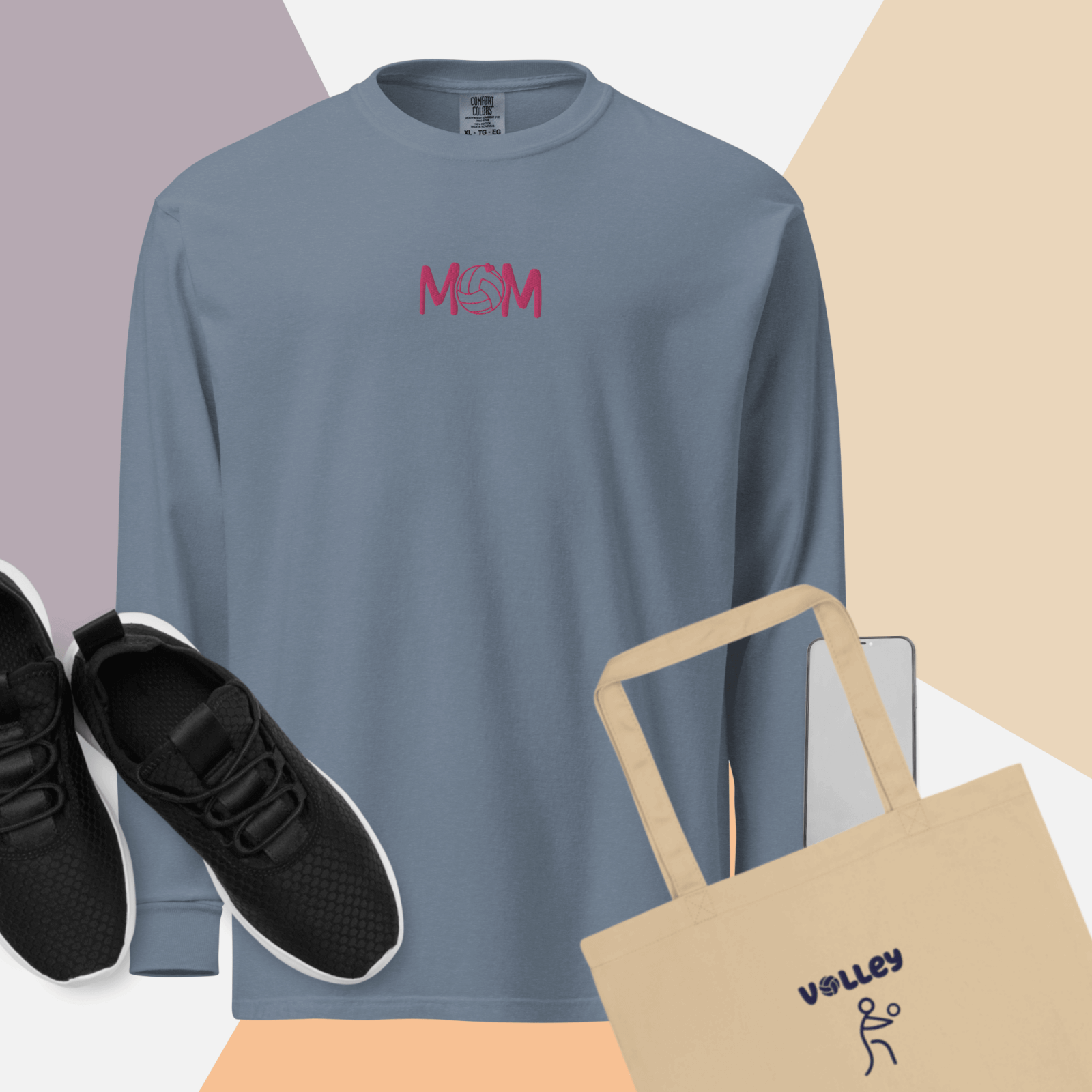 unisex-garment-dyed-heavyweight-long-sleeve-shirt-blue-jean-front-66e42cd23fa4b - On Trend Volleyball Co minimalist volleyball mom embroidered sweatshirt in garment dyed colors blue jean