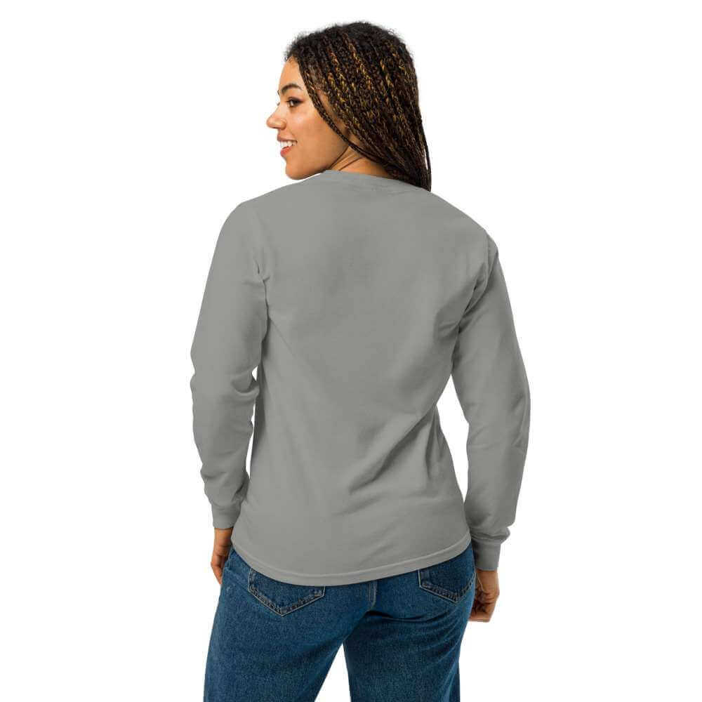 unisex-garment-dyed-heavyweight-long-sleeve-shirt-grey-back-66ce76e5c1557 - On Trend Volleyball Co Minimalist Embroidered Volleyball Mom Sweatshirt