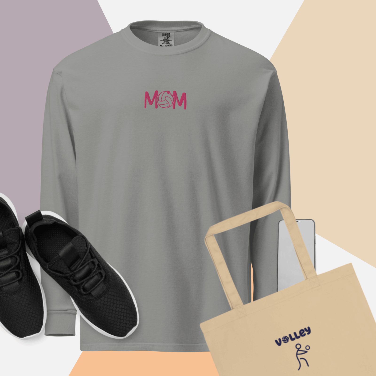 unisex-garment-dyed-heavyweight-long-sleeve-shirt-grey-front-66e42cd243727 - On Trend Volleyball Co minimalist volleyball mom embroidered sweatshirt in garment dyed colors gray
