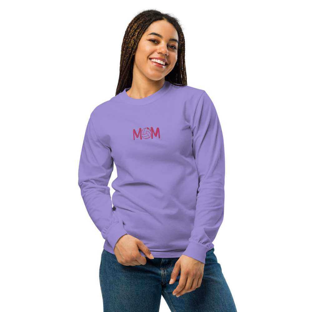 unisex-garment-dyed-heavyweight-long-sleeve-shirt-violet-front-66ce76e5d0669 - On Trend Volleyball Co Minimalist Embroidered Volleyball Mom Sweatshirt