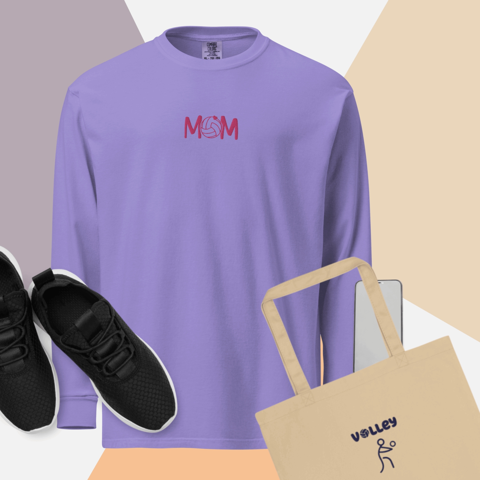 unisex-garment-dyed-heavyweight-long-sleeve-shirt-violet-front-66e42cd24ac75 - On Trend Volleyball Co minimalist volleyball mom embroidered sweatshirt in garment dyed colors - lilac