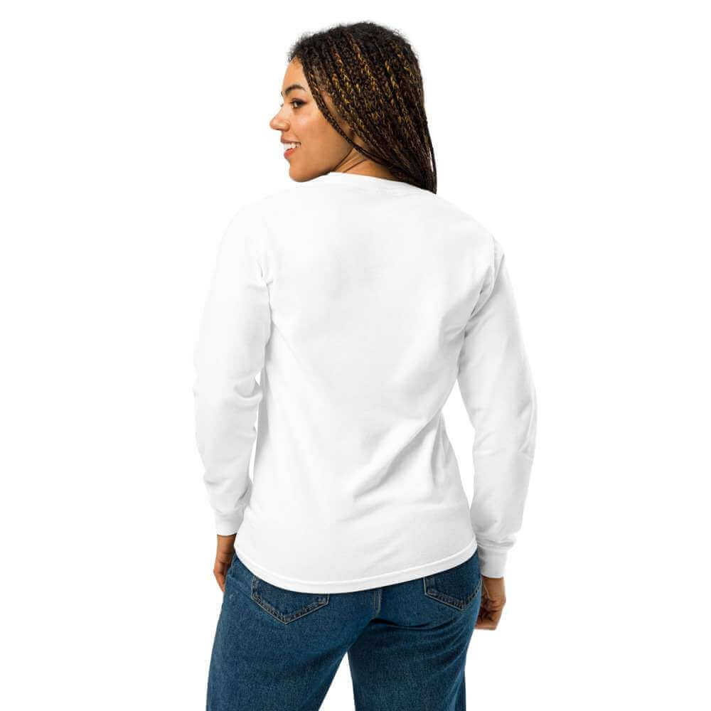 unisex-garment-dyed-heavyweight-long-sleeve-shirt-white-back-66ce76e60ba20 - On Trend Volleyball Co Minimalist Embroidered Volleyball Mom Sweatshirt