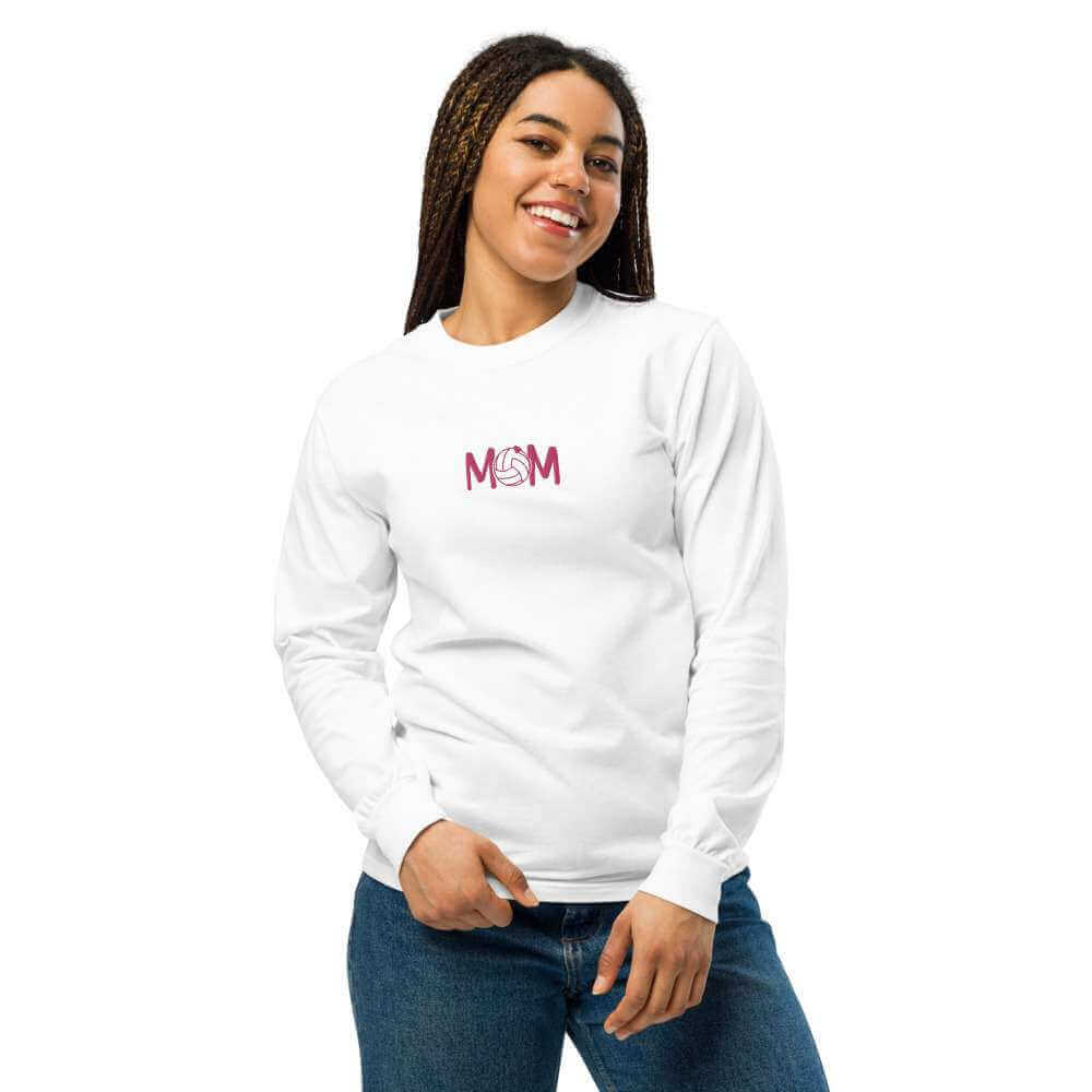 unisex-garment-dyed-heavyweight-long-sleeve-shirt-white-front-66ce76e5f07b2 - On Trend Volleyball Co Minimalist Embroidered Volleyball Mom Sweatshirt