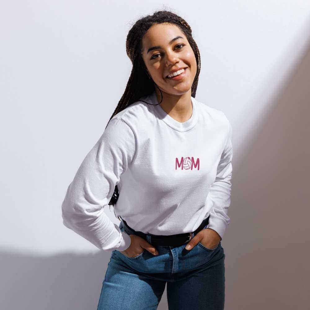 unisex-garment-dyed-heavyweight-long-sleeve-shirt-white-front-66ce76e616451 - On Trend Volleyball Co Minimalist Embroidered Volleyball Mom Sweatshirt