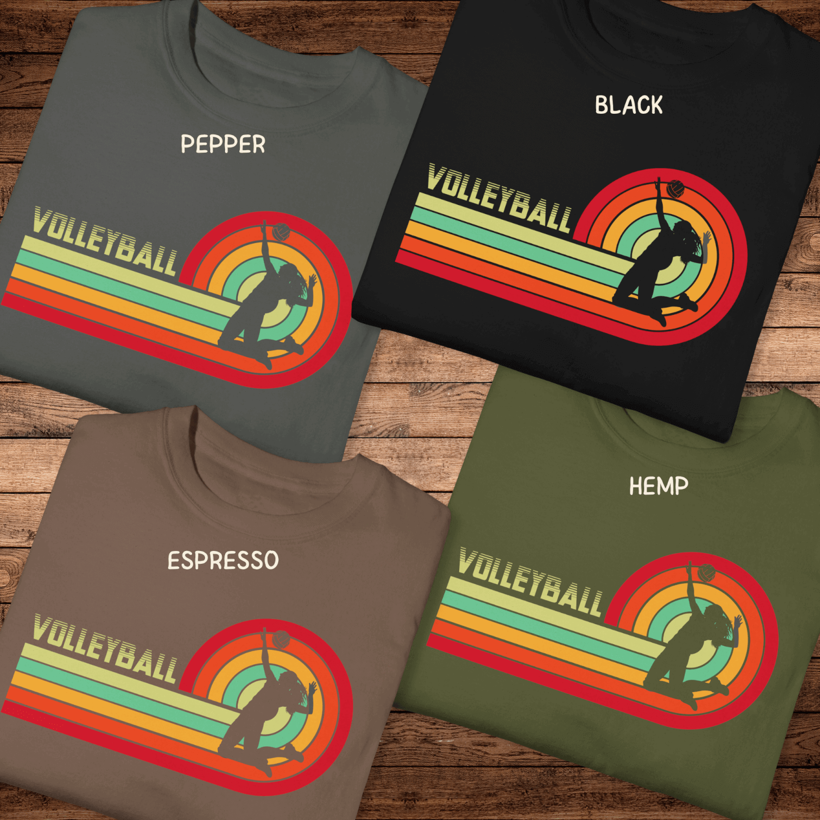 a selection of the four colors this Vintage Retro Volleyball Tee is designed in... Hemp, Black, Espresso and Pepper.