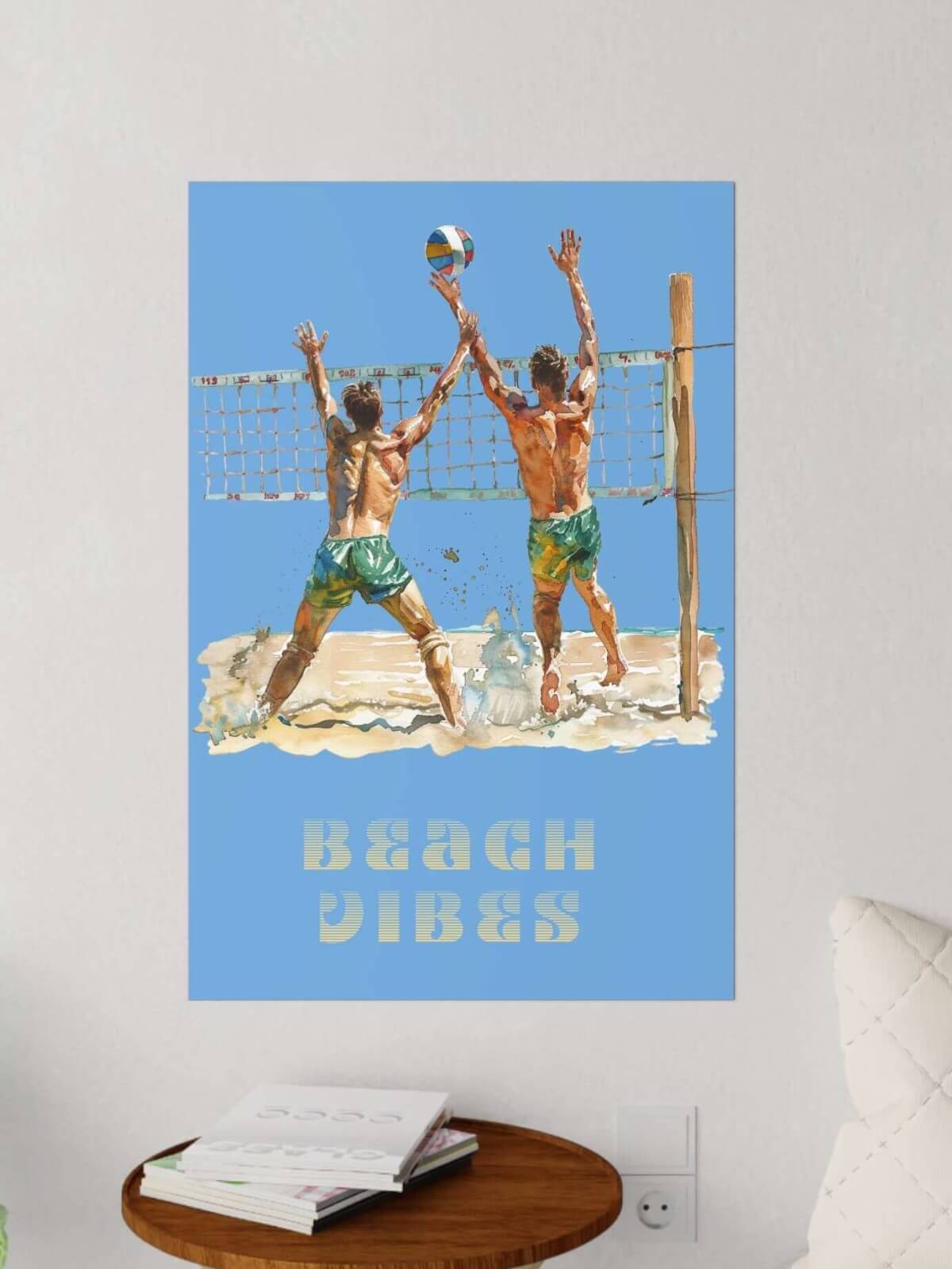 18387868364393120659_2048jpeg - On Trend Volleyball Co this is our beach volleyball wall decal- removable art for any room in sunny, bright blue featuring beach volleyball players at a net blocking a shot
