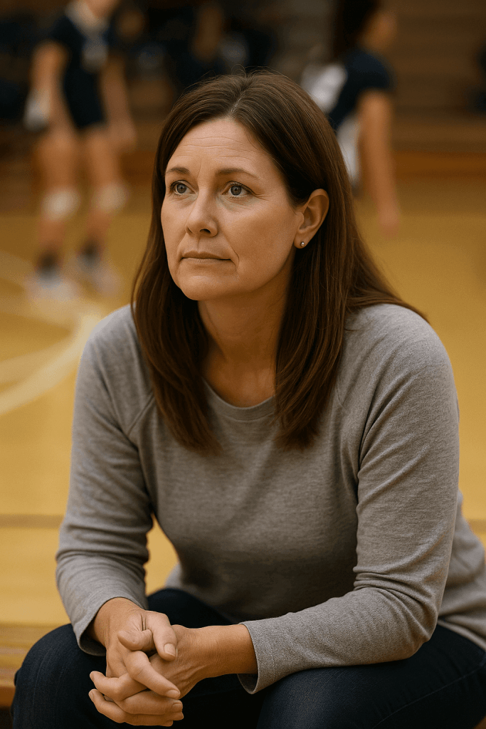 a volleyball mom sits expressionless in the stands while watching her daughter play high school volleyball-wondering why the season feels so different from club volleyball.
