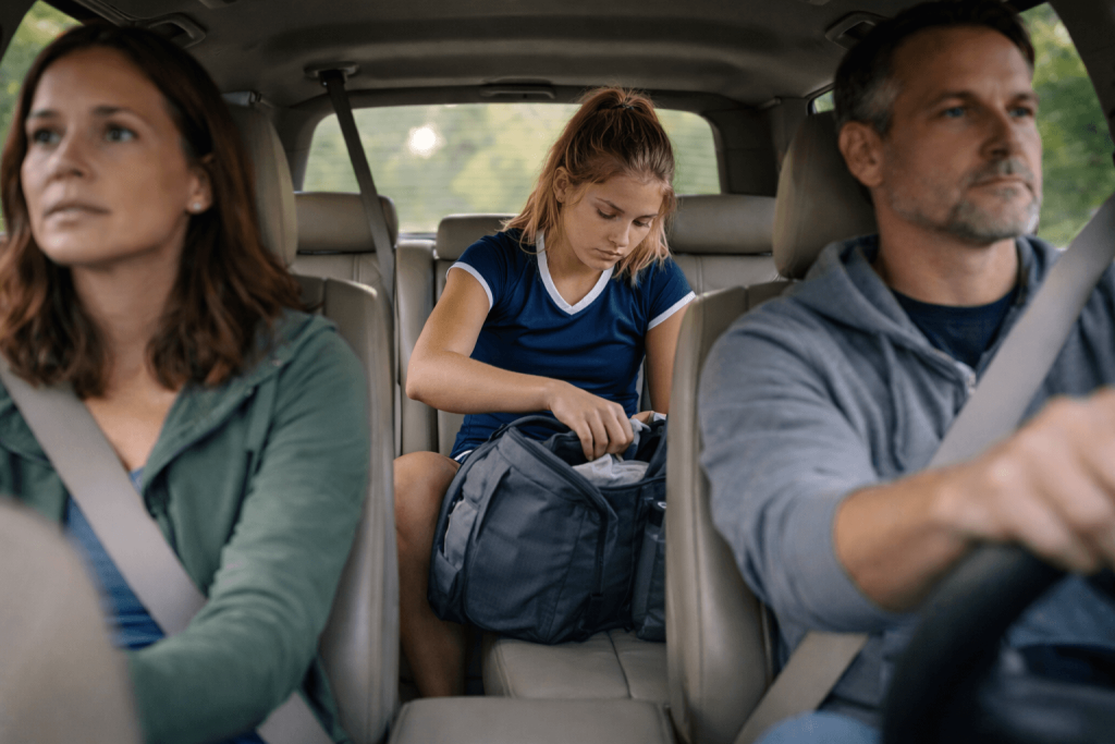 a pair of club parents driving their daughter home from a tough match- contemplating how to talk to her about it. (or not)
